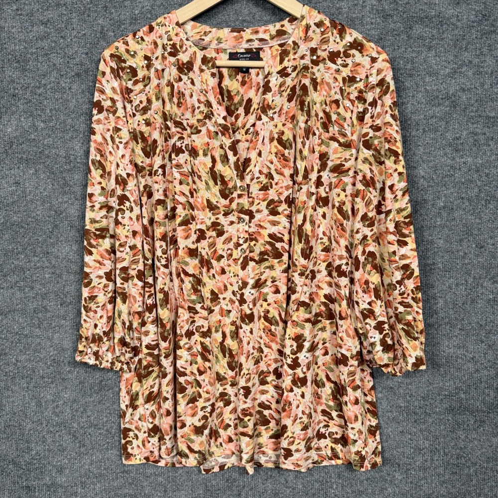 Cocomo Woman Plus Sz 1X Studded Shirt Blouse Cream Multi Button Up‎ Long Sleeves